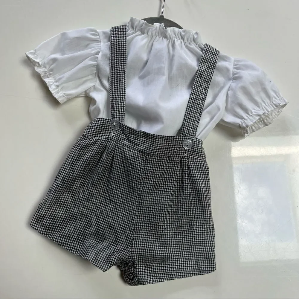 Charming Vintage Unisex Baby Classic Houndstooth Suspender Overall Shorts Romper